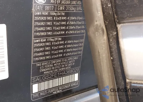 2017 Land Rover Range Rover 5.0L V8 Supercharged z USA, uszkodzony, nr VIN SALGS2FE1HA368029